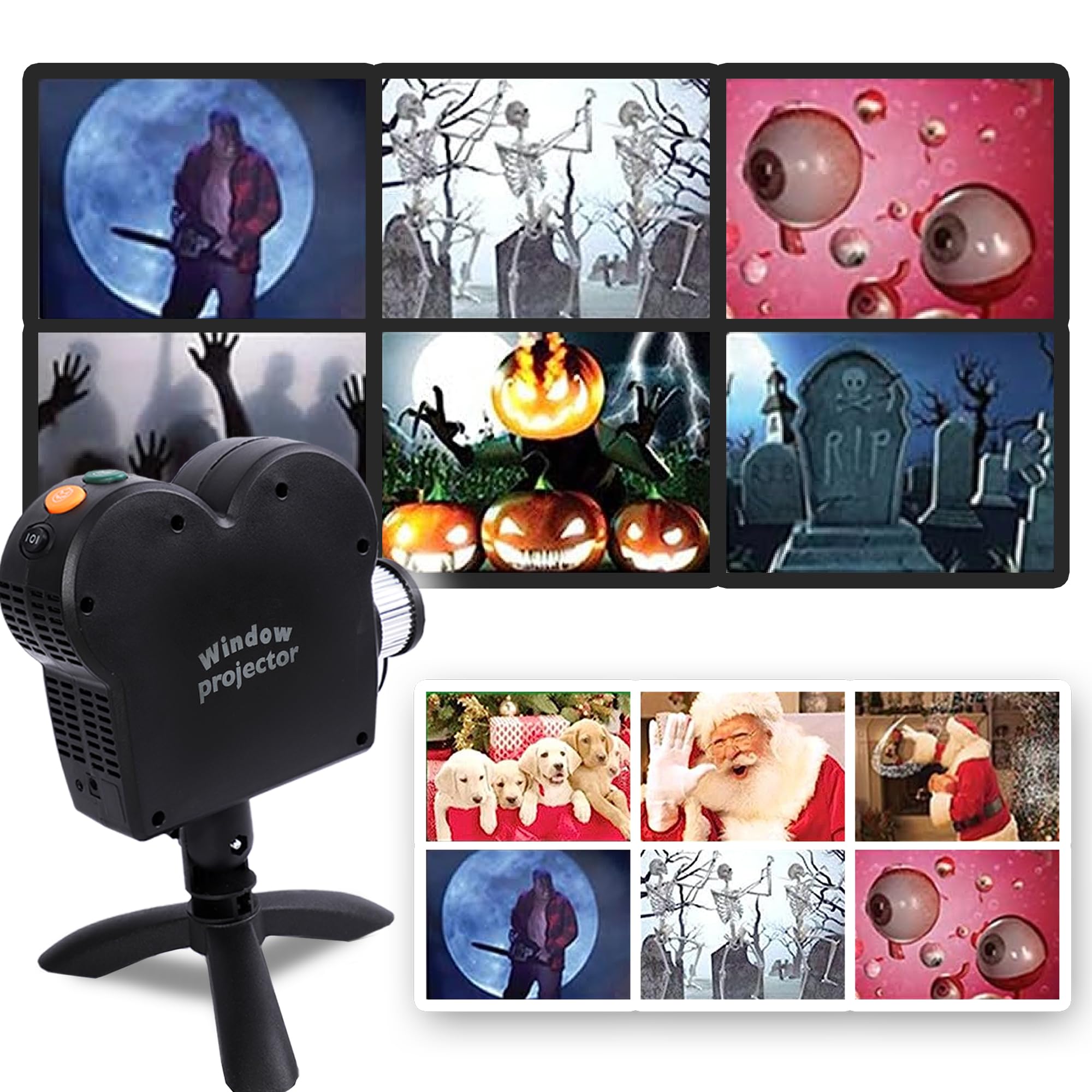 Photo 1 of Halloween Window Projector, Outdoor Christmas Projector, Halloween Led Holographic Projection Lamp, 6 Halloween Movies, 6 Christmas Movies, for Window Garden Halloween Christmas Decor