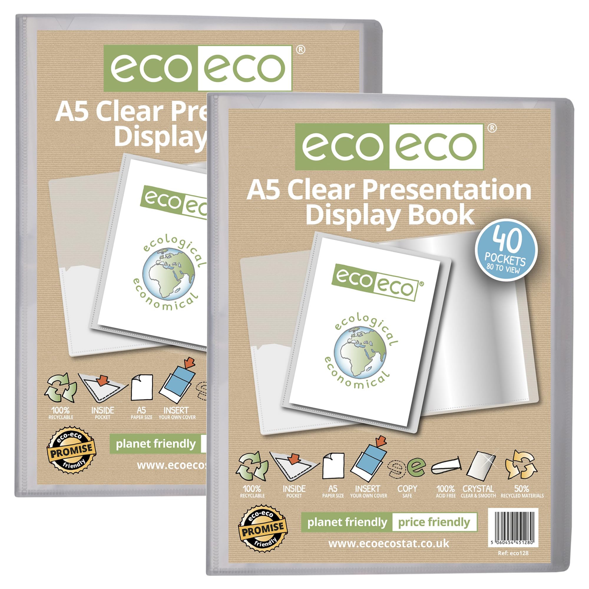 eco-eco A5 Size 50 Percent Recycled 40 Pocket Clear Presentation Display Book, Storage Case Portfolio Art Folder with Plastic Sleeves, Pack of 2, eco128x2