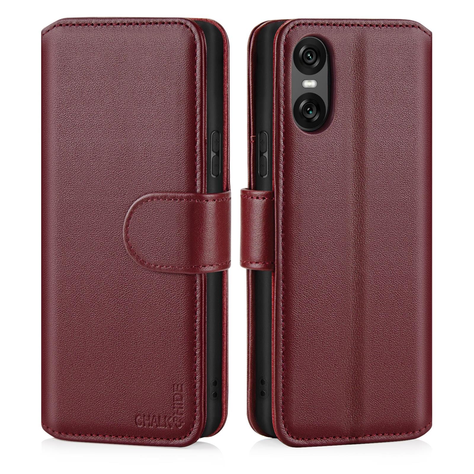CHALK & HIDE Genuine Leather Wallet Case for Sony Xperia 10 VI (2024) | RFID Blocking Card Slots, Magnetic Flip Cover, Kickstand | Premium Book-Style Protective Case - Burgundy