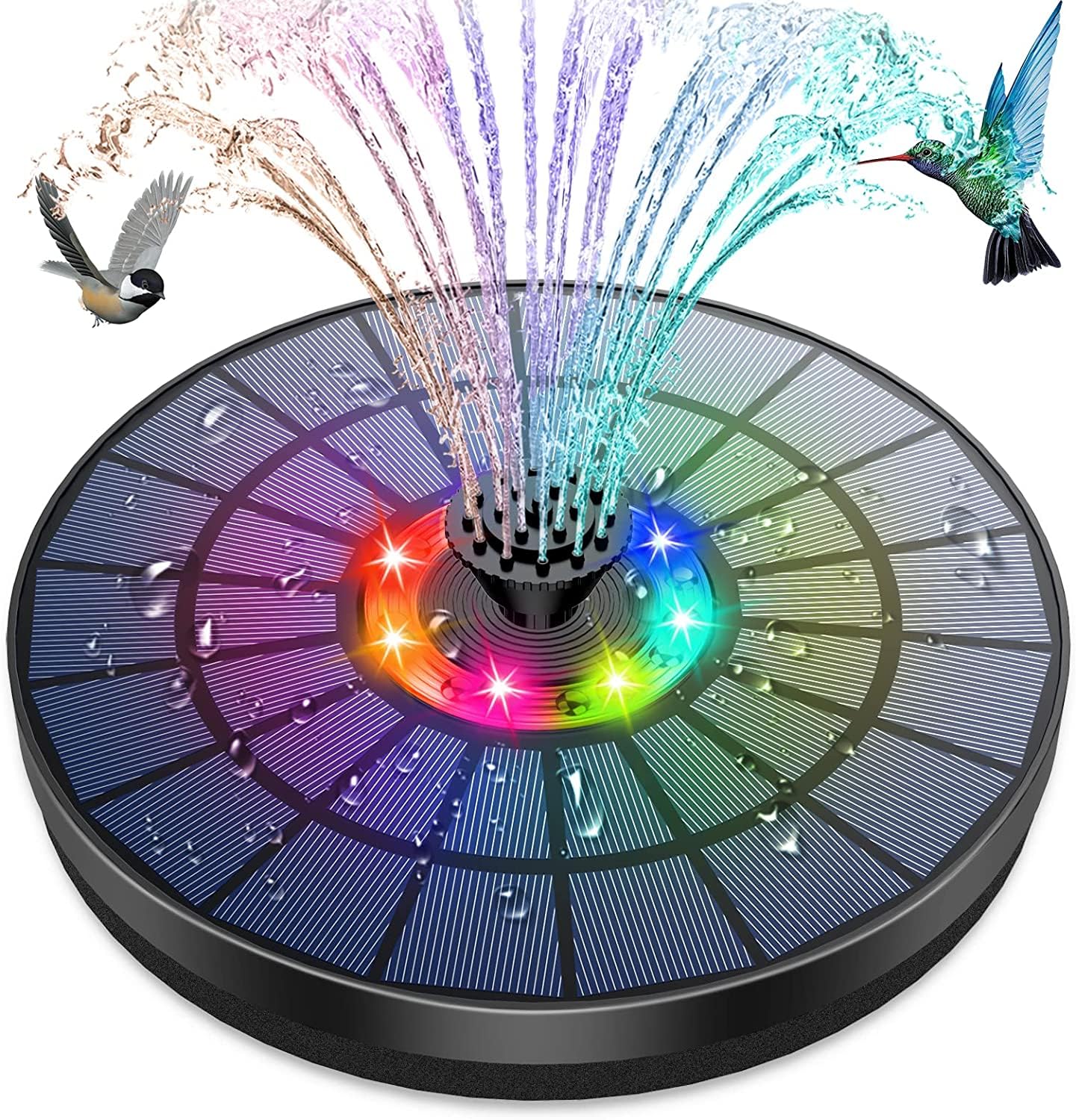 AMZtime Led Solar Water Fountain, 5.5W LED Circle Floating Solar Powered Pump with 7 Nozzles for Water Feature, LED Solar Water Pump for Bird Bath, Garden, Fish Tank, Patio, Pond