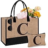 Initial Jute Tote Bag & Makeup Bag, Birthday Gifts for Women Her Mom Teachers Friends