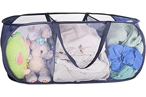 XIAYAN collapsible Mesh Popup laundry basket，3 Compartments-Laundry Hamper with Strong Handles ，Easy to Open and Fold for Dorm, Laundry Room, Bedroom, RV (Blue)…