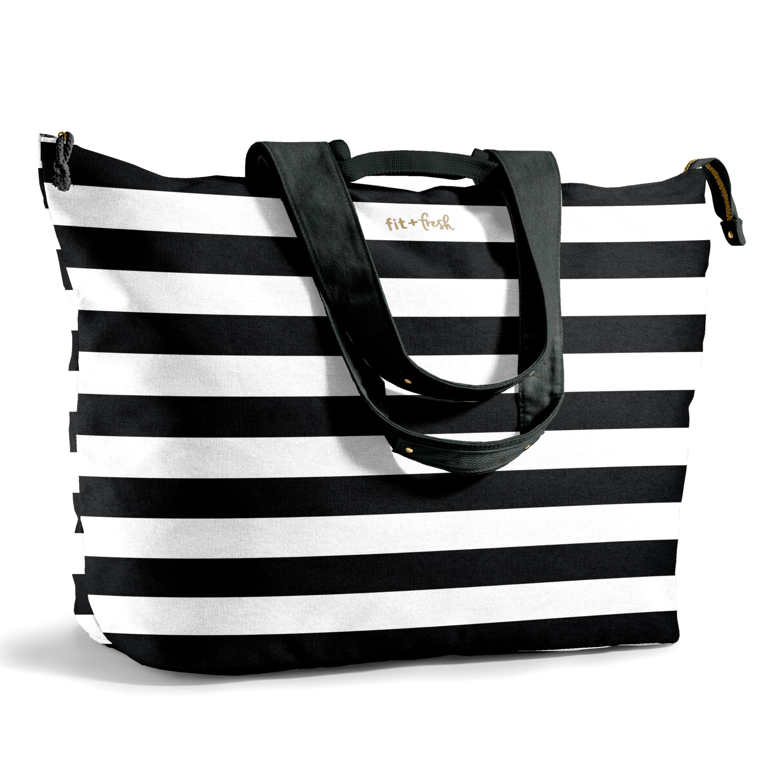 Photo 1 of Fit & Fresh Large Beach Bag for Women - Extra Large Travel Tote With Pockets, Black Stripe