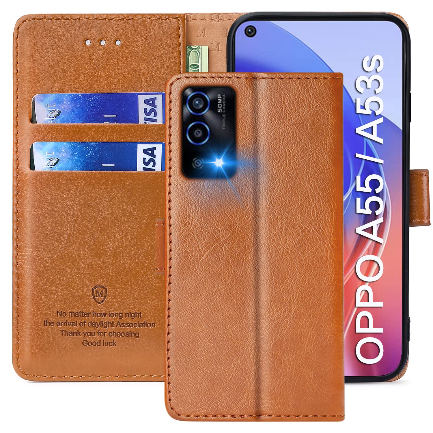FMPCUON Case For OPPO A55 5G/A53S 5G/A53 5G,High-grade Leather Flip Wallet Phone Case Cover for OPPO A55 5G/A53S 5G/A53 5G[Card Slots] [Kickstand] [Magnetic Closure]-(Brown) — image 1