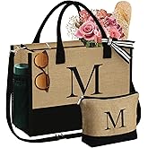 YOOLIFE Personalized Gifts for Women - Initial Jute Tote Bag & Makeup Bag, Birthday Gifts for Women Mom Wife Teacher Friend