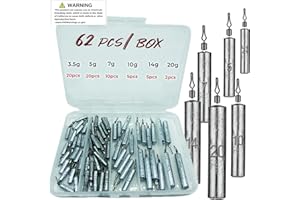 DAMIDEL 62Pcs/Box Lead Drop Shot Weights Kit (3/4oz, 1/2oz,1/4oz.3/8oz,1/5oz.1/8oz Mixed), Pencil Shaped Drop Shot Rig, No Snag Skinny Lead Sinker, Fishing Bass Rig Cylinder Saltwater Freshwater