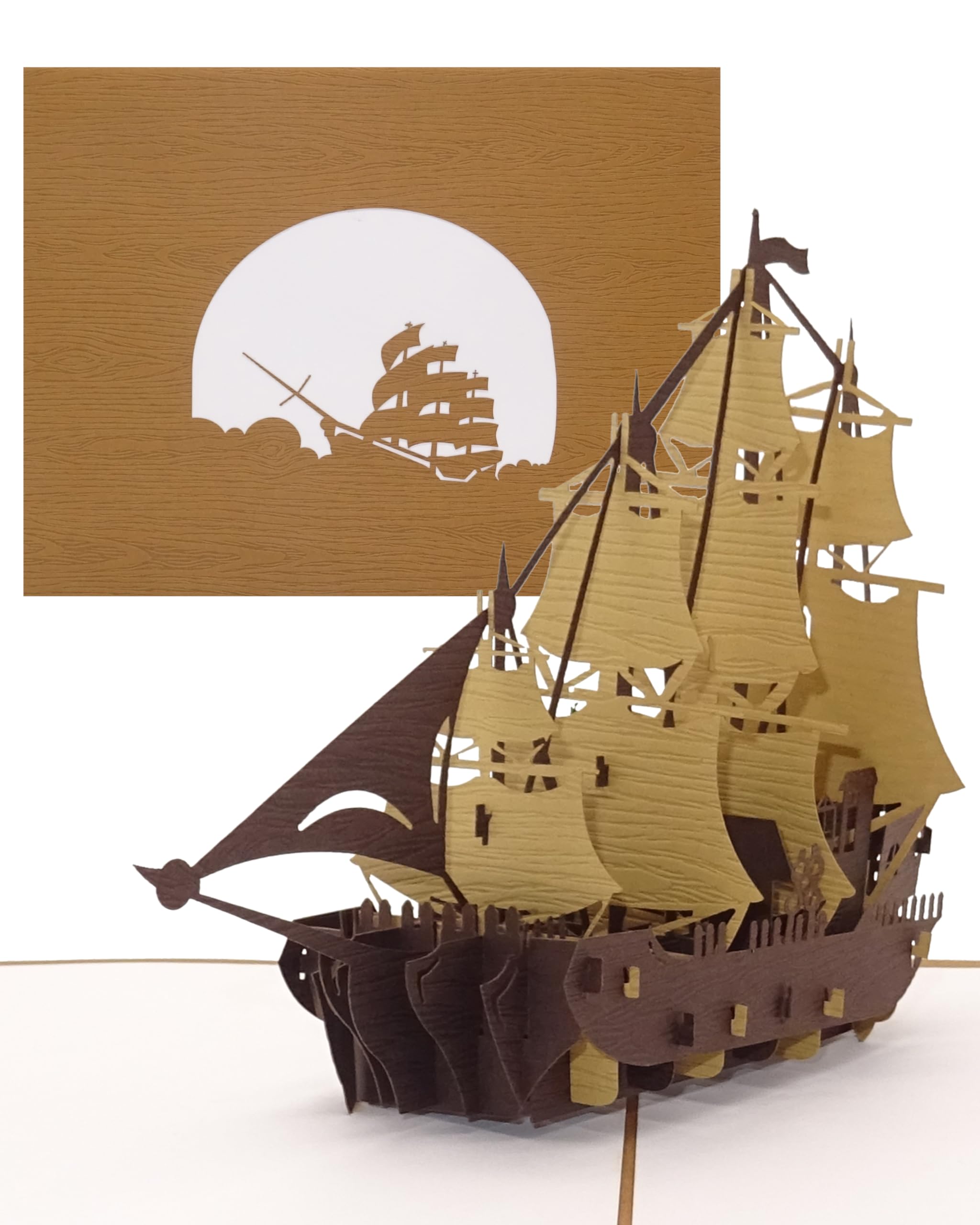 Pop Up Card"Sailing - Fourmaster" 3D Card with Envelope and Special Paper with Wood Grain - Travel Voucher & Boat 3D Birthday Card & Greeting Card with Sailing Boat