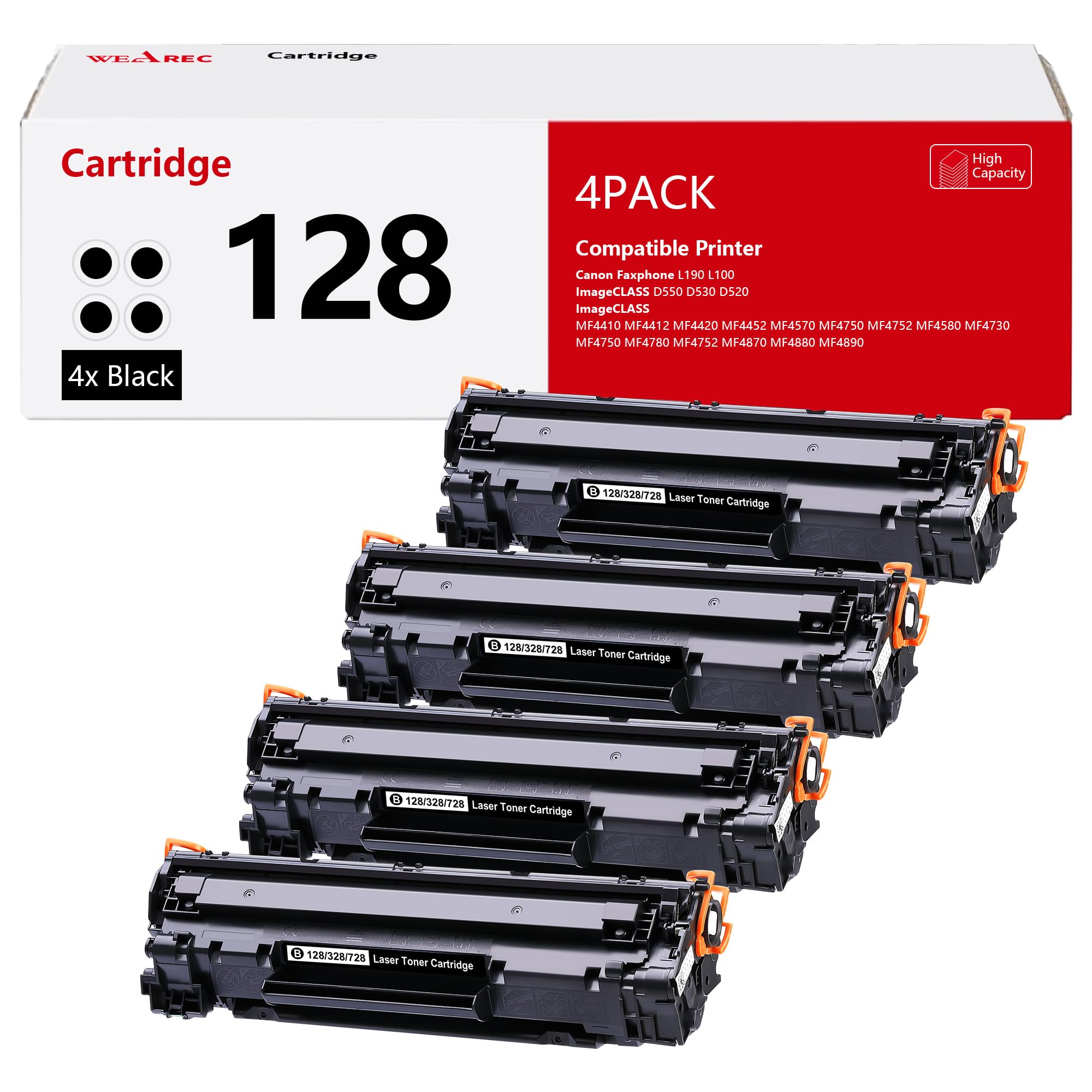 Photo 1 of WEAREC Compatible Toner Cartridge Replacement for Canon 128 CRG128 Work with Faxphone L190 L100 ImageCLASS D550 D530 MF4410 MF4412 MF4420 MF4452 Printer(4-Pack)