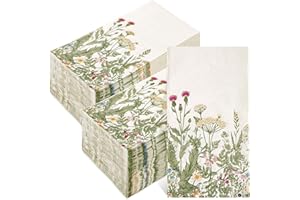 ChicRosa 100Pcs Floral Guest Napkins Wildflower Disposable Paper Napkins Botanical Green Leaves Herbs Dinner Hand Napkin for Home Kitchen Bathroom Holiday Party Supplies, 15.7 x 13 Inch.