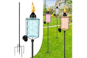 Zhulerzil 4-Pack Glass Garden Torches for Outside, Citronella Torches for Outdoor with 4-Prong Stake - 61" Height Adjustable, 12 oz Fuel Capacity, Decorative Lighting for Party Patio Pathway