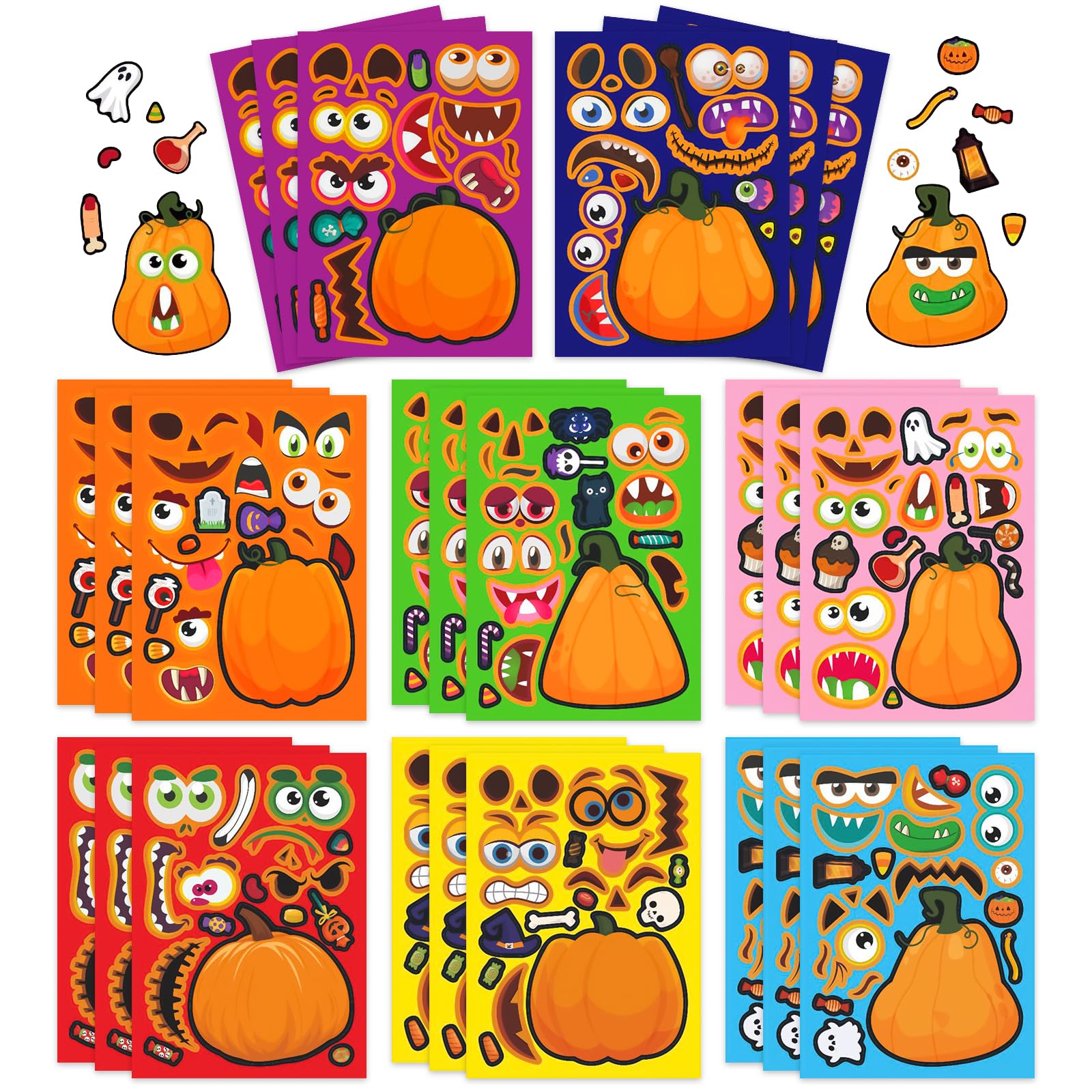 Photo 1 of 24 Sheets Halloween Pumpkin Face Stickers for Kids, 8 Styles Make Your Own Jack-O'-Lantern Stickers, DIY Create-A-Face Activity for Classroom, Family, Thanksgiving Day Crafts Party Favor