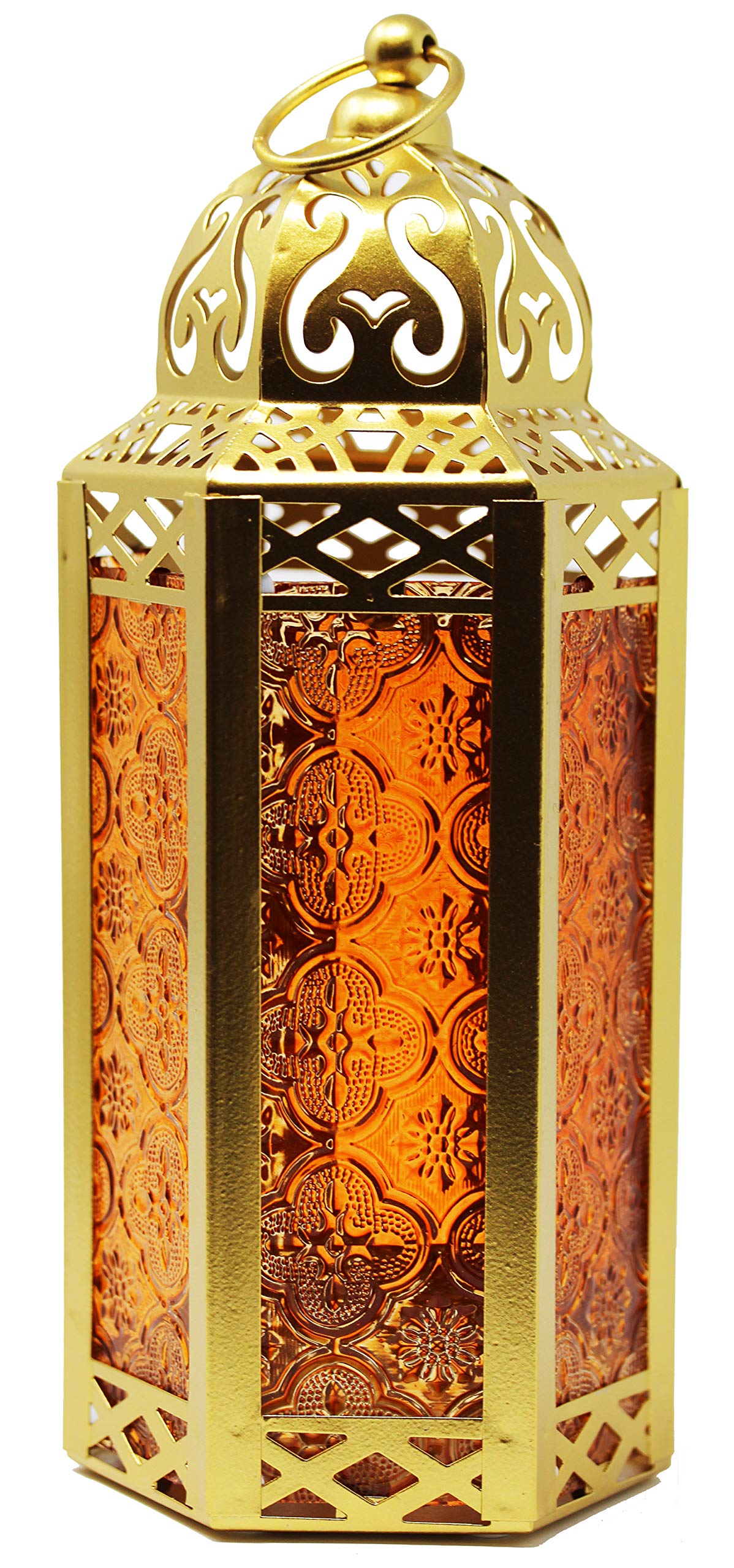 VELA LANTERNS Metal Moroccan Decorative Gold Candle Lantern Holders for Hanging or Table, Indoor Home Decor, Outdoor Patio or Porch, Ramadan, Weddings, Medium, Amber Glass