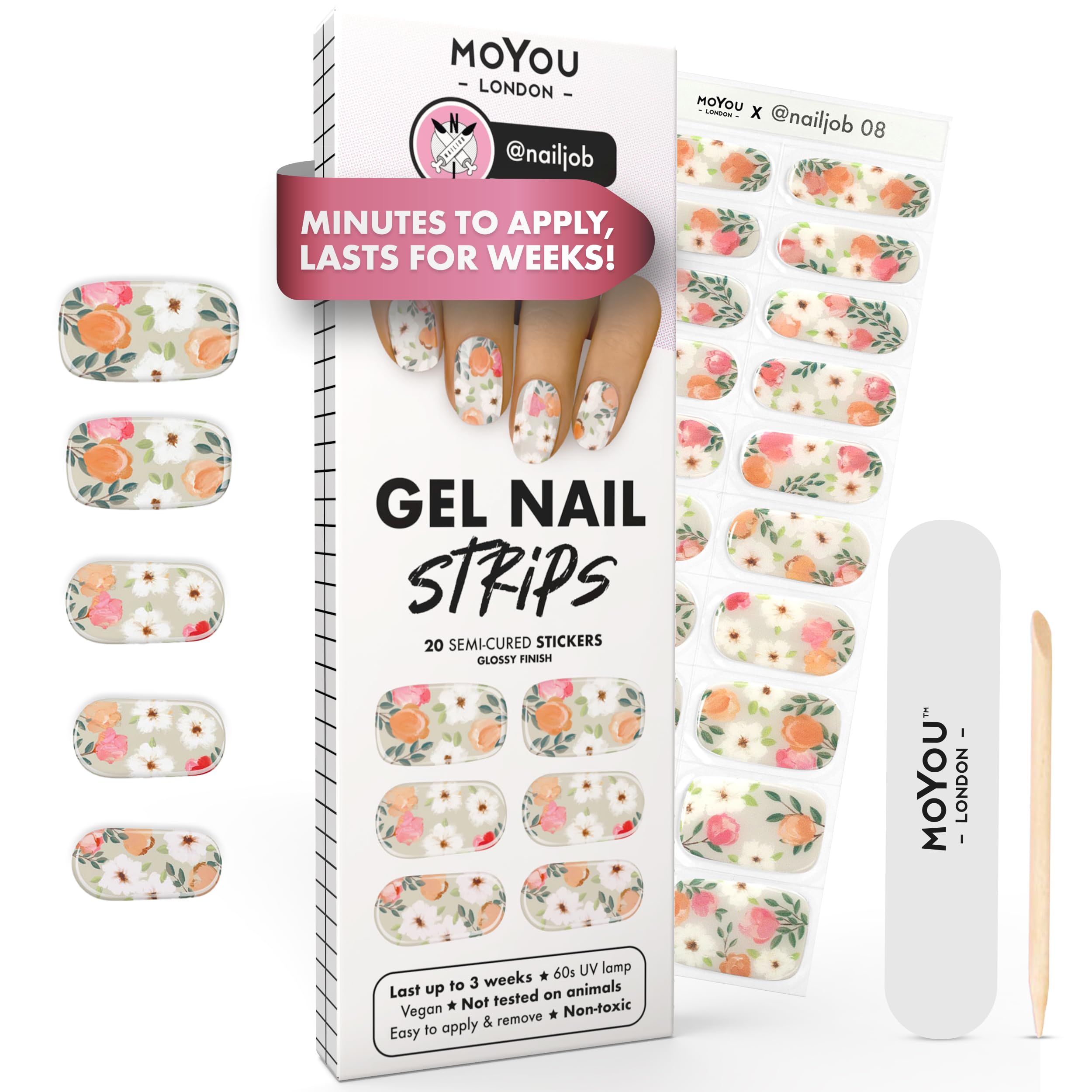 MOYOU LONDON Semi Cured Gel Nail Strips - 20 Pcs. Waterproof Gel Nail Wraps, Cures in Sunlight or UV/LED Lamp, Lasts Up to 2+ Weeks, Stretchable, Easy to Apply & Remove, Vegan & Cruelty-Free
