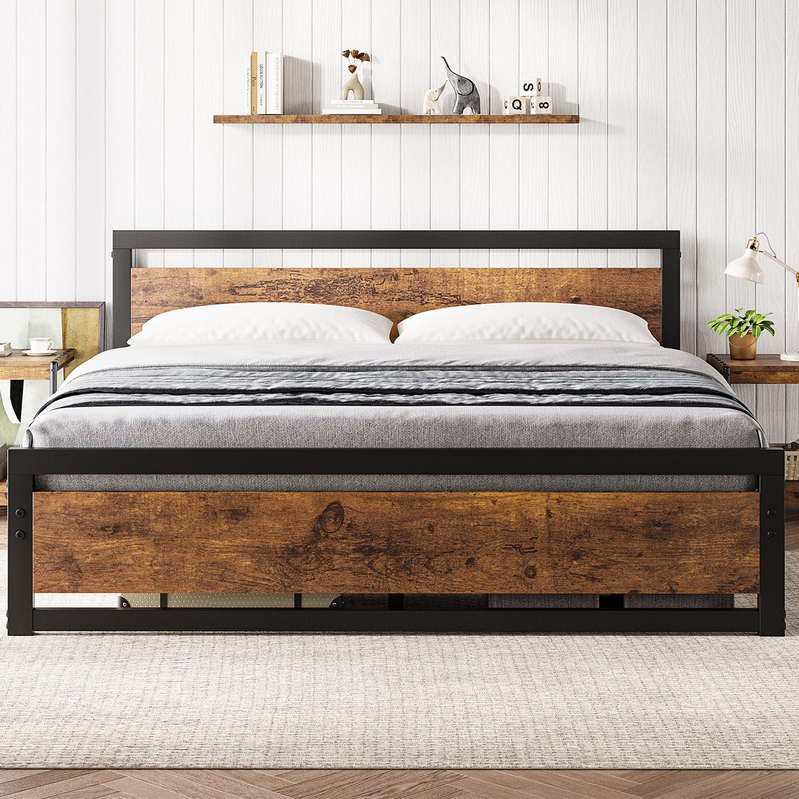 Photo 1 of GarveeHome King Size Bed Frame, Industrial King Bed Platform with Headboard No Box Spring Needed, 14 Inch Easy Assemble King Mattress Bedframe, Retro Brown