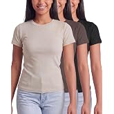 3 Pack Women's Cotton Ribbed Tshirts Short Sleeve Crew Neck Tees Basic Tops | Plus Size Petite, Soft Ribbed Cotton Blend, Opa