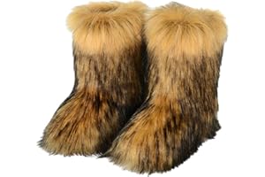 JIANCHIBUXIE Furry Faux Fur Boots for Women,Winter Fuzzy Fluffy Snow Boots for Girls Fur Lined Mid Calf Black Brown Fur Boots y2k