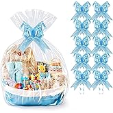 PigPotParty 24"x 30" Clear Cellophane Gift Bags with Blue Ribbon Bows, 10 Pack Large Cellophane Wrap for Gift Baskets, Plastic Gifts Bags for Birthday, Wedding, Boy's Baby Shower, Easter