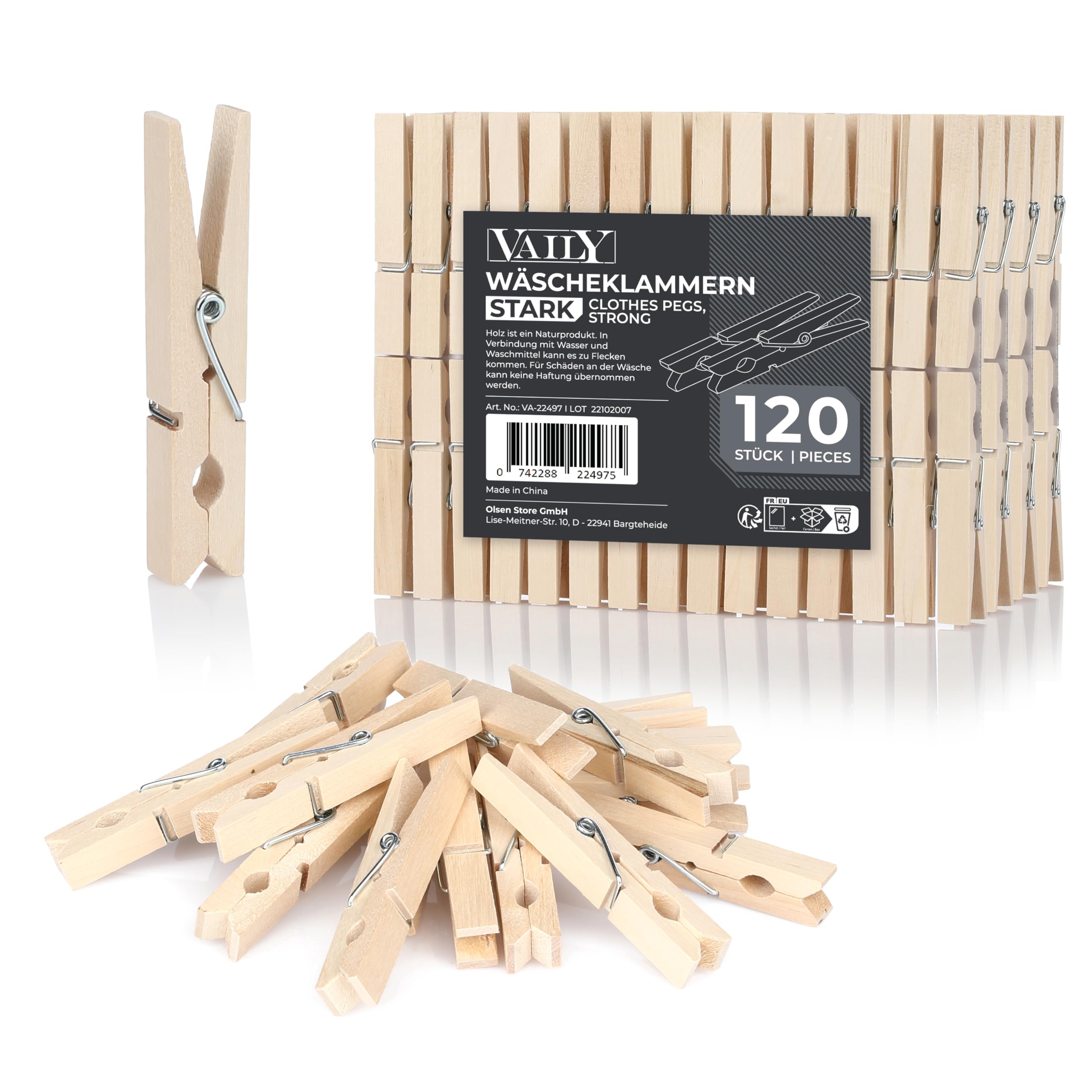 Vaily Wooden Clothes pegs - Strong Pegs with firm grip for laundry, washing line, handicrafts and decoration- Indoor and Outdoor Use - 120 pieces