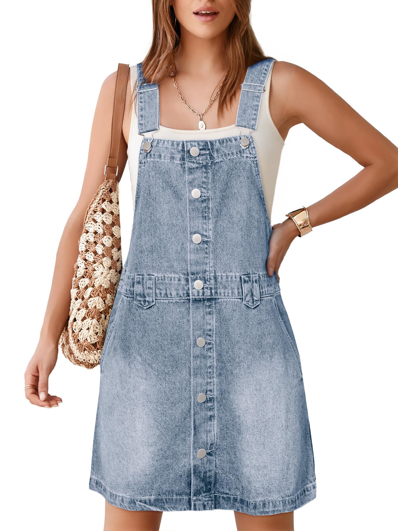 Photo 1 of Glamaker Women's Denim Overall Dress Jean Sleeveless 2025 Mini Pinafore Casual Button Dress with Pocket White Blue Large
