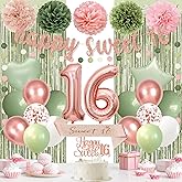 Holkcog Sweet 16 Party Decorations for Grils, Happy 16th Birthday Supply With 16th Birthday Banner 16 Balloon Number for Grils, Sage-Green Blush-Pink Party Decorations, Cheers To 16 Girls Gifts