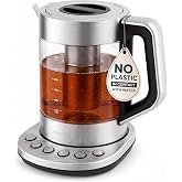 Viante Alba Electric Tea Kettle With Infuser, No Plastic, 1.5L | Borosilicate glass &amp; 304 stainless steel construction. 4 temp presets, keep-warm, cordless, auto shut-off