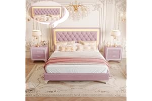 Linique 3-Pieces Bedroom Sets, Queen Size Upholstered Platform Bed Frame with LED Lights and Two Nightstands, Modern Wooden Velvet Platform Bed with Button Tufted Headboard, Pink
