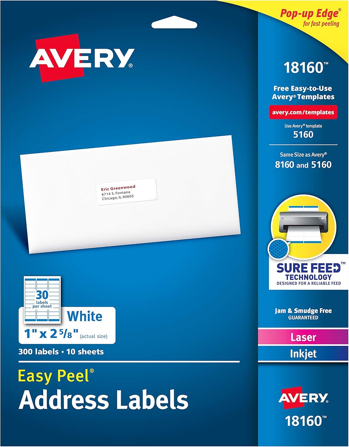 Avery 18160 Easy Peel Address Labels, 1 x 2-5/8, White, 300 Labels/Pack : Office Products