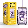 JoyJolt Sanrio Hello Kitty and Friends Favorite Flavor Glass Tumbler with Bamboo Lid and Straw, Leakproof 16oz Clear Soda Can Shaped Cup featuring Kuromi, Hello Kitty Merch