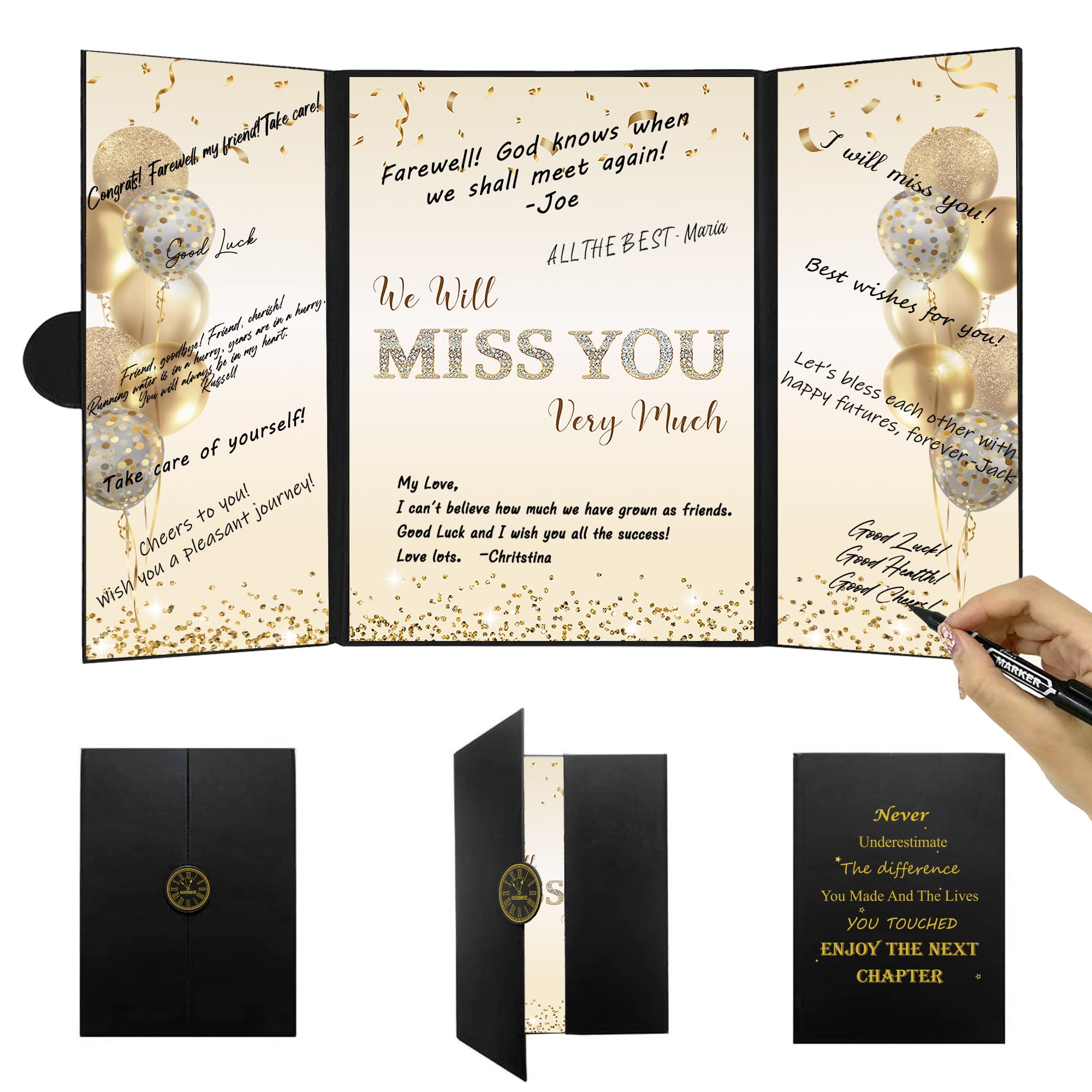 Photo 1 of DARUNAXY Black Gold Farewell Party Decorations, We Will Miss You Very Much Alternative Signature Guest Book for Men Women Going Away Gifts Signing Card Board for Retirement Graduation Party Supplies