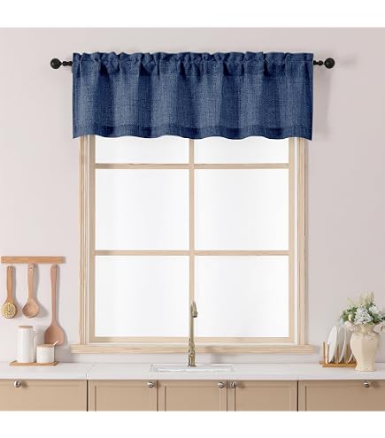 Navy Blue Faux Linen Window Valance - 60x14 Inch Light Filtering Short Curtain With Rod Pocket For Kitchen, Bathroom & Farmhouse - View #9