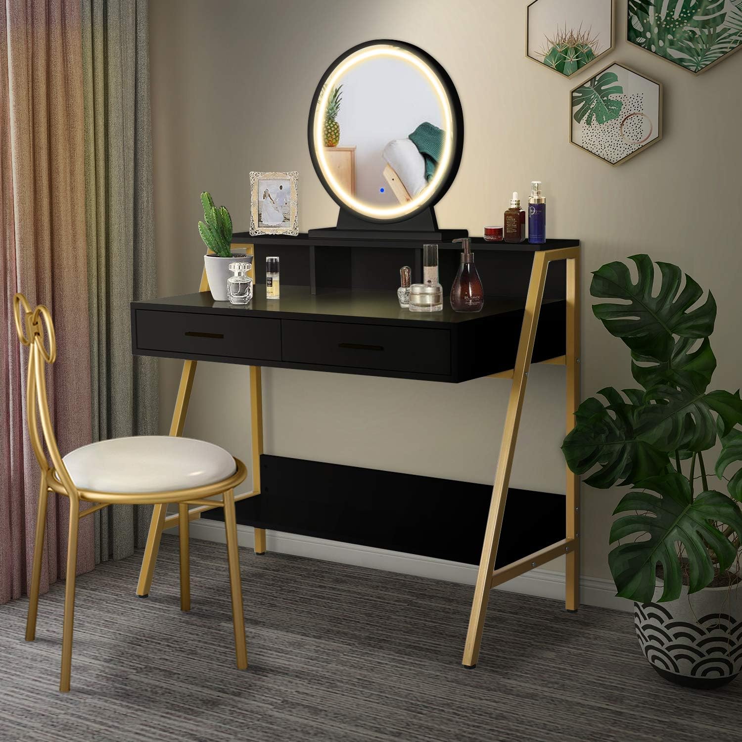 LYNSLIM Wood Vanity Set with Touch Screen Dimming Mirror - 3 Color Lighting Modes Black Makeup Table Bedroom Dressing Table with 3 Tier Storage Shelf , 2 Drawers