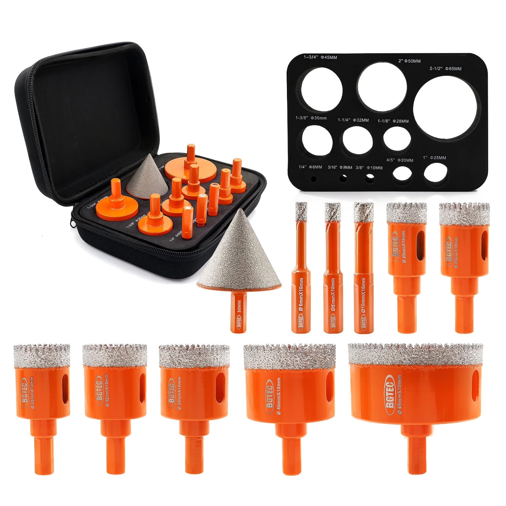 Diamond Core Drill Bit Kit BGTEC Diamond Hole Saw Tile Cutter,Triangle Shank 10pcs 6/8/10/20/25/28/32/35/45/65mm Drill Bits+1pc 2"Hex Shank Chamfer Bit