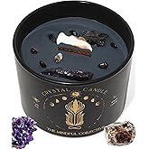 Black Crystal Candle for Women - 12oz Wood Wick Candle That Crackles with Natural Soy Wax. Luxurious Slow Burn, for Meditation. Includes Amethyst & Smokey Quartz Crystals