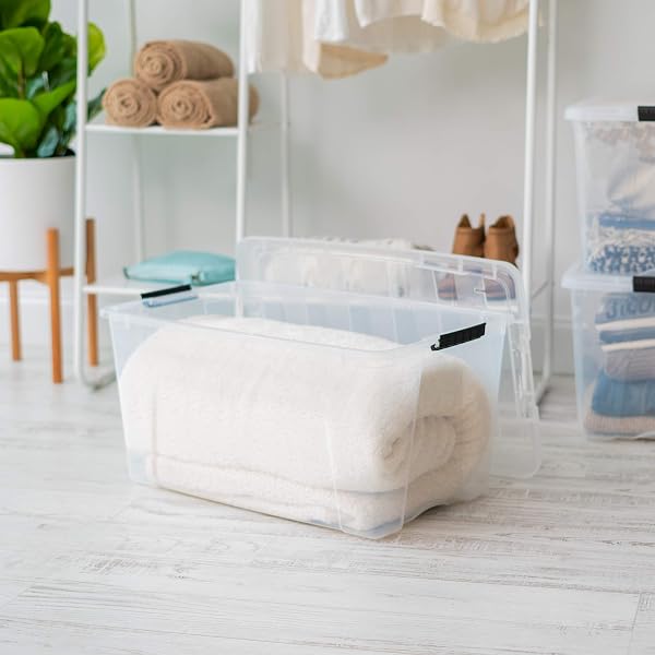 IRIS USA 72 QT PLASTIC STORAGE BOX WITH LID AND LATCHES – 4 PACK – BPA-FREE, SEE-THROUGH ORGANIZING SOLUTION, DURABLE NESTABLE STACKABLE CONTAINERS, SECURE PULL HANDLE – CLEAR