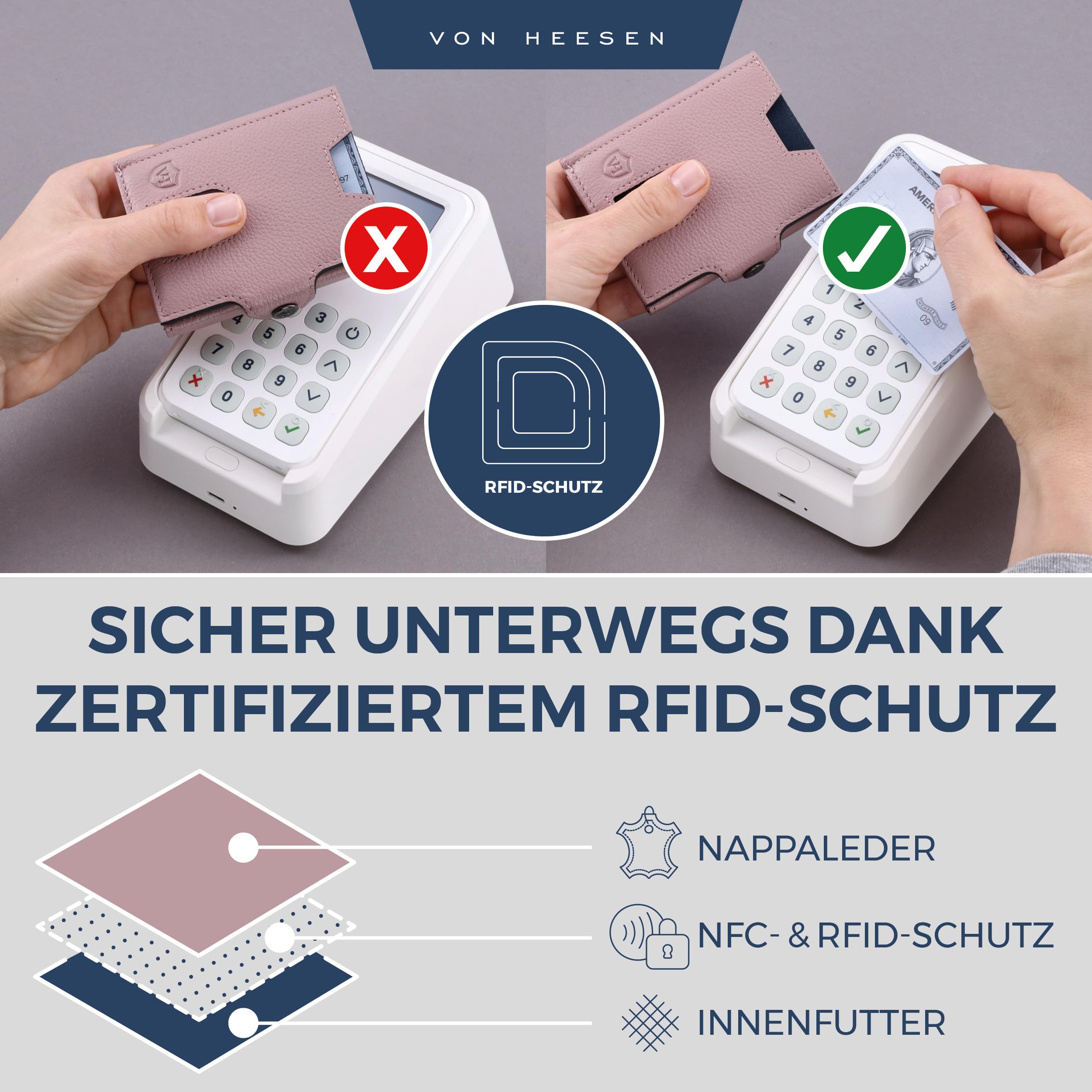 VON HEESEN Slim Wallet mit XL Münzfach & RFID Schutz - Leder Geldbörse Herren klein - Mini Geldbeutel Damen Portmonee - Kartenetui Echtleder Karten Portemonnaie - Kreditkartenetui Lavendel 3