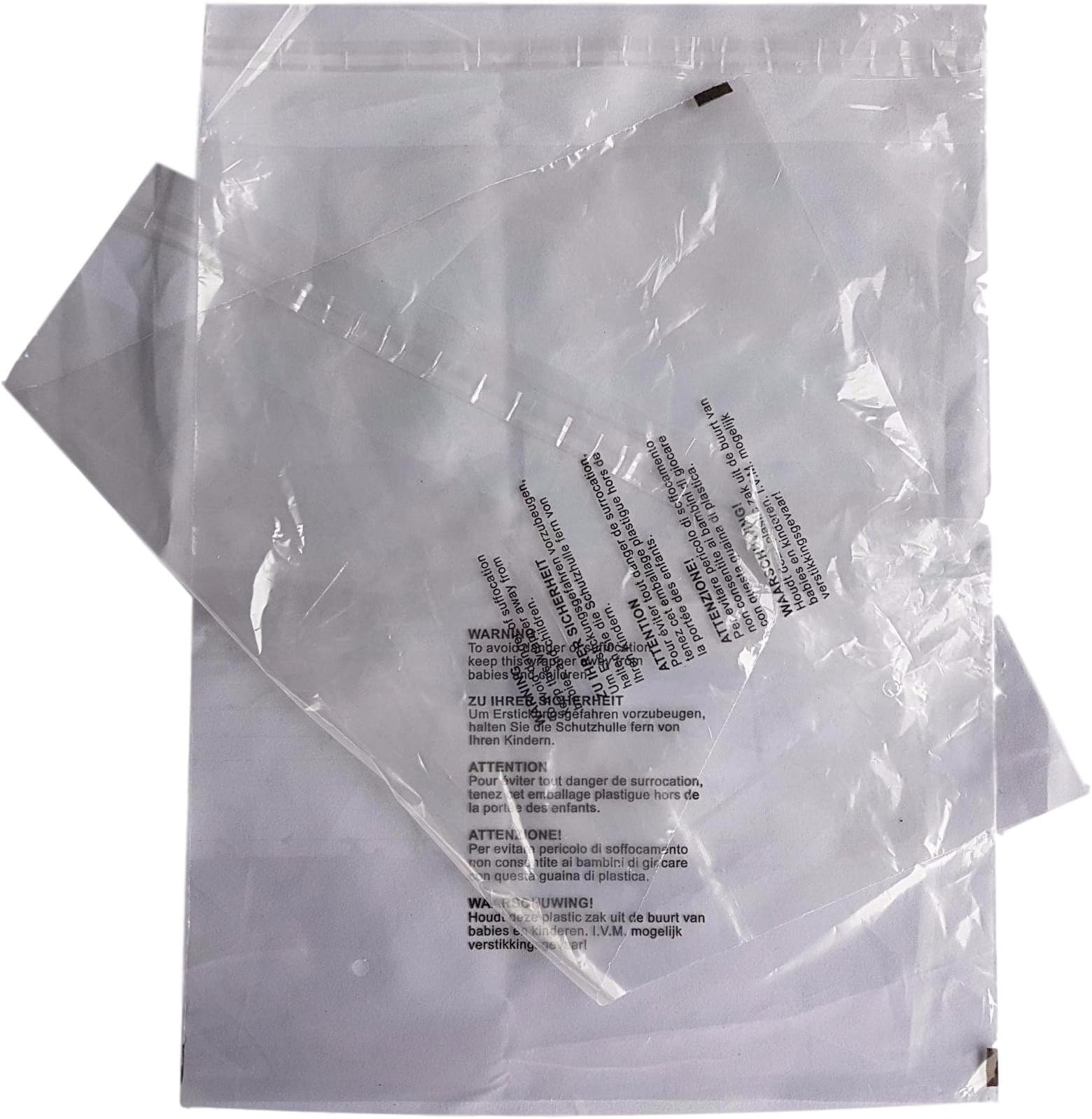 (Pack of 20 Bags) 400 x 500 mm + 40 mm Lip, Clothing Garment T-Shirt Bags Clear Protection Display 5 Language Mail Sacks with Child Safety Suffocation Warning Packing Postage ENVELOPES Poly MAILERS