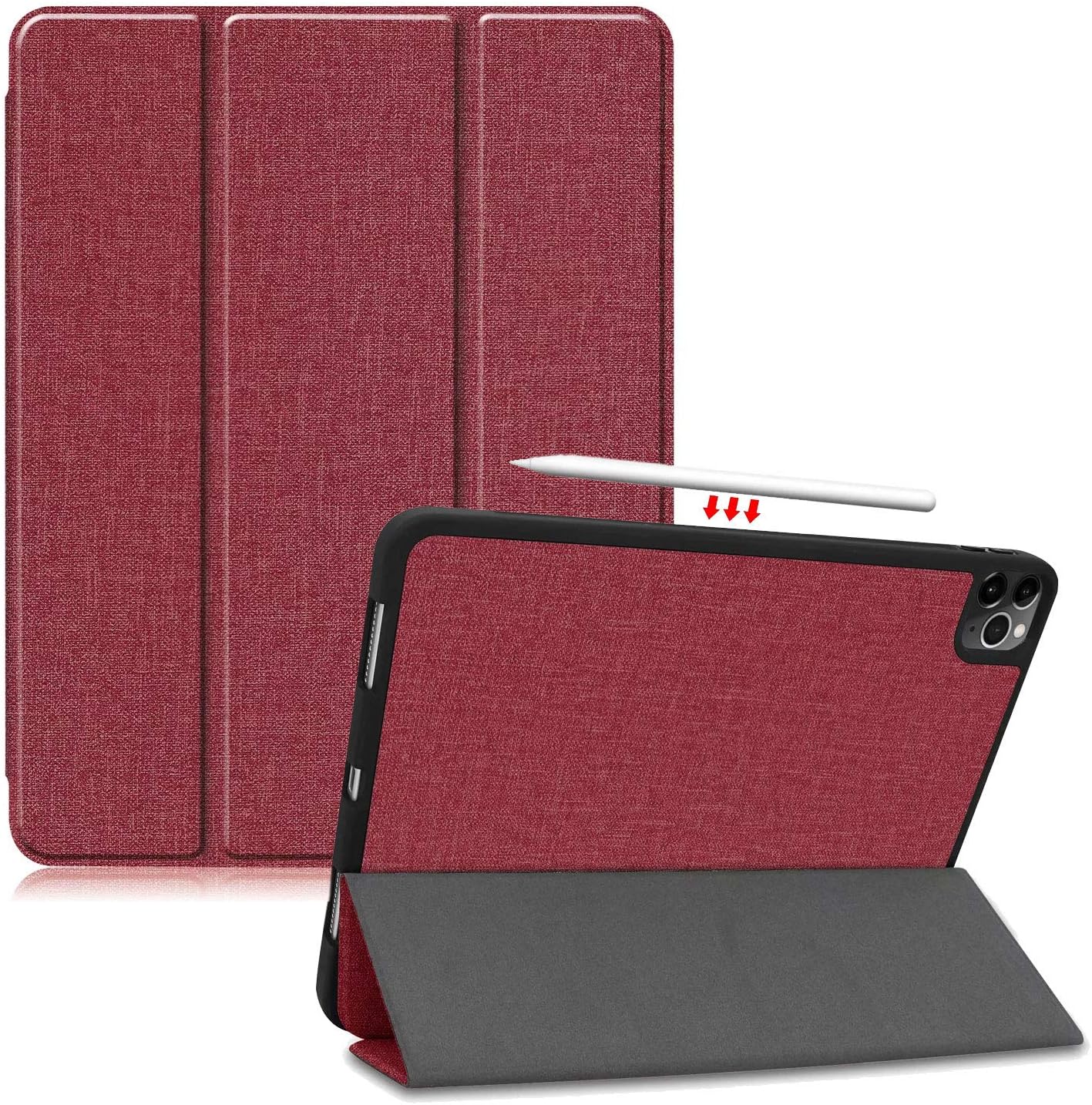 Coopts iPad Pro 12.9 (4th Gen) 2020 Case with Pen Holder, Tri-fold Folio Kickstand PU Back Shockproof Auto Sleep Wake Support iPad Pencil Charging Cover for iPad Pro 12.9 2020 (A2229 A2233), Winered