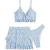 BEAUDRM Women's 3 Piece Bikini Set Floral Print Ruffle Hem Bathing Suit with Cover Up Skirt