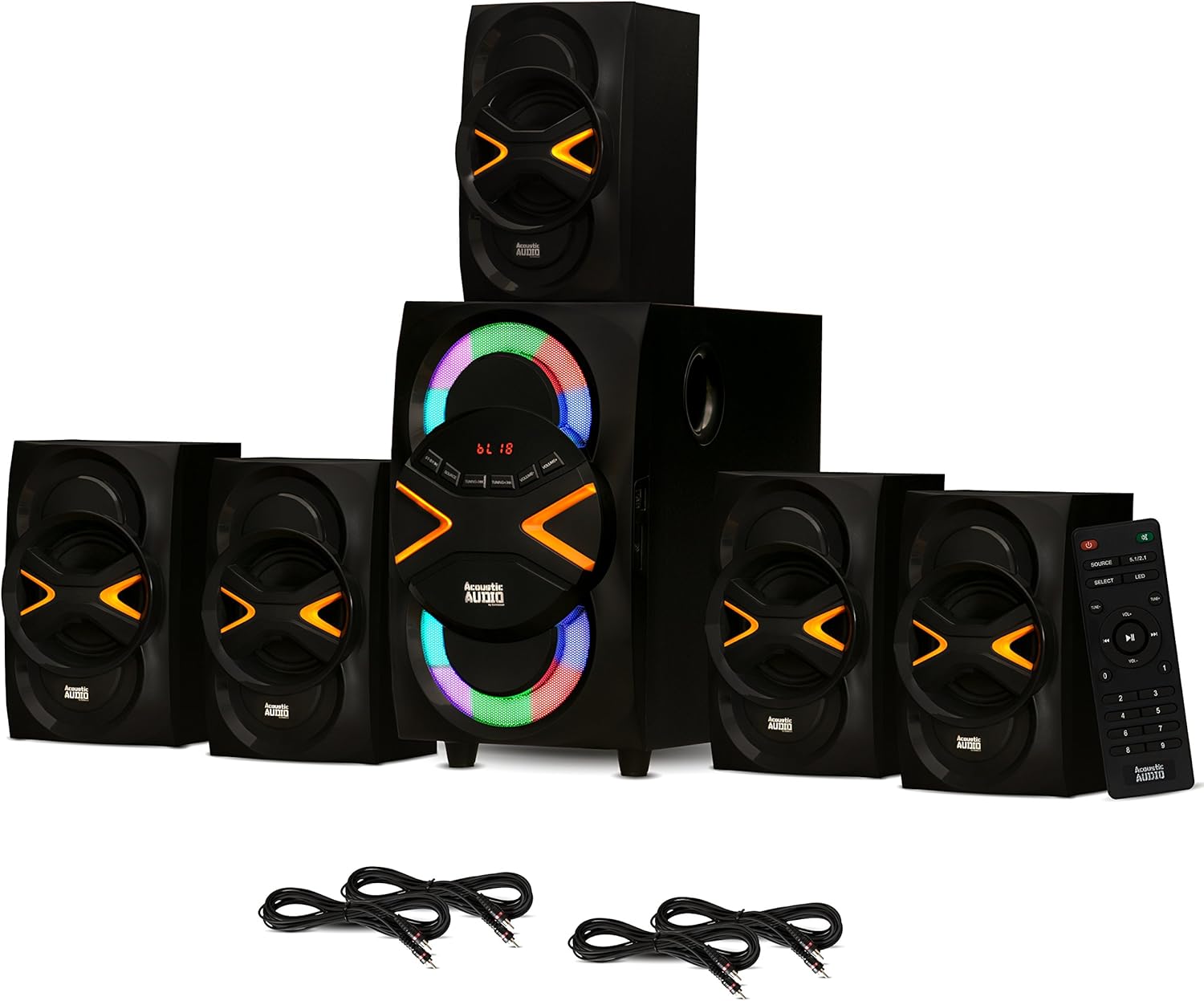 Acoustic Audio AA5210 Home Theater 5.1 Speaker System with Bluetooth, LED Lights, FM and 4 Extension Cables