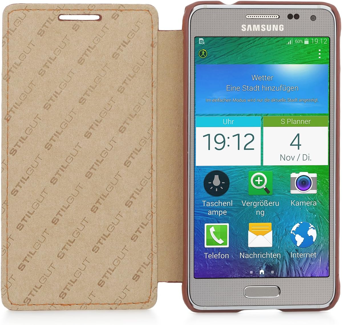 StilGut® Book Type, Leather Case for Samsung Galaxy Alpha Cognac Brown without Clip - Image 3