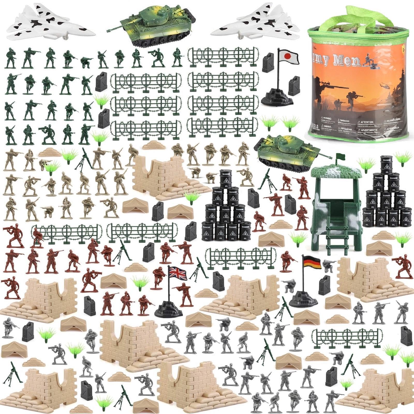 Boderam 250 PCS Army Men Army Soldier Plastic Toys, Military Action Figures Playset Kids Military Soldiers Bucket with Tanks, Planes, Soldier Figures and Accessories For Boy Girls
