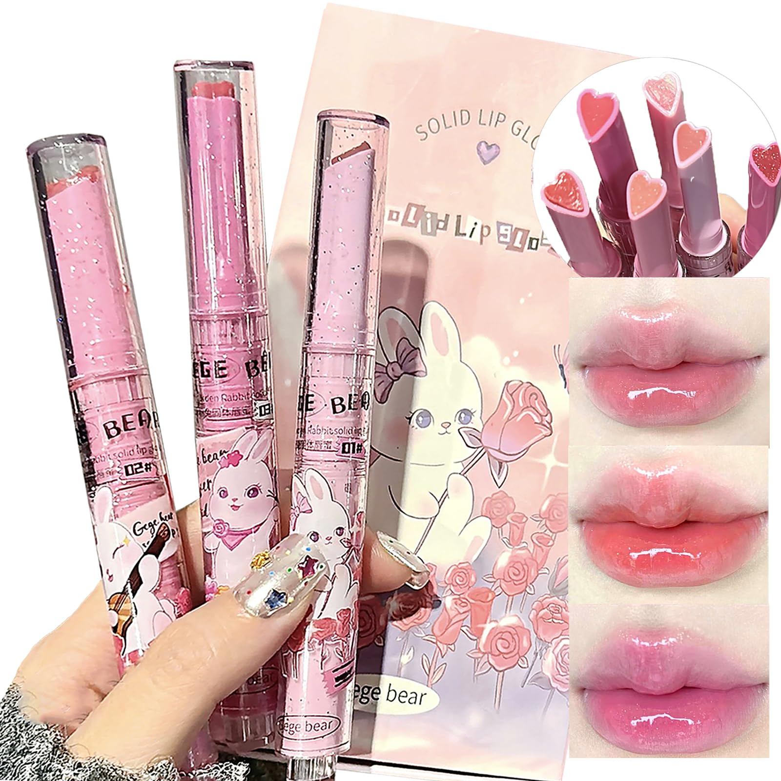 3 Colors Jelly Lipstick Gift Set, Heart Shape Lip Stain Gloss, Mirror Hydrating Love Lipstick, Moisturizing Tinted Balm, Vivid Color Glossy Makeup for Girls(A)