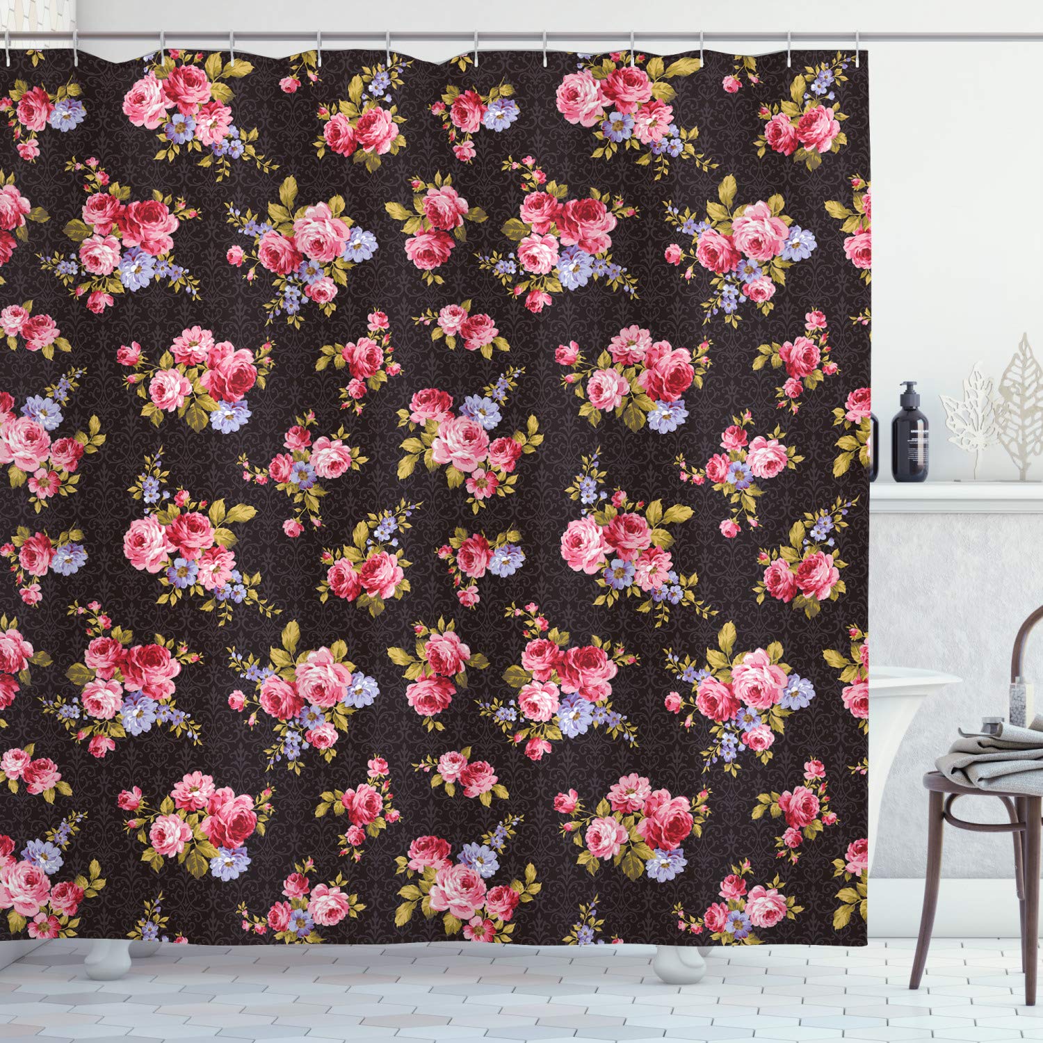 ABAKUHAUS Rose Shower Curtain, Pattern with Old Fashioned Corsage and Bouquets Antique Feminine Floral Inspired Grace, Cloth Fabric Bathroom Decor Set with Hooks, 70 Inches, Multicolor — image 1