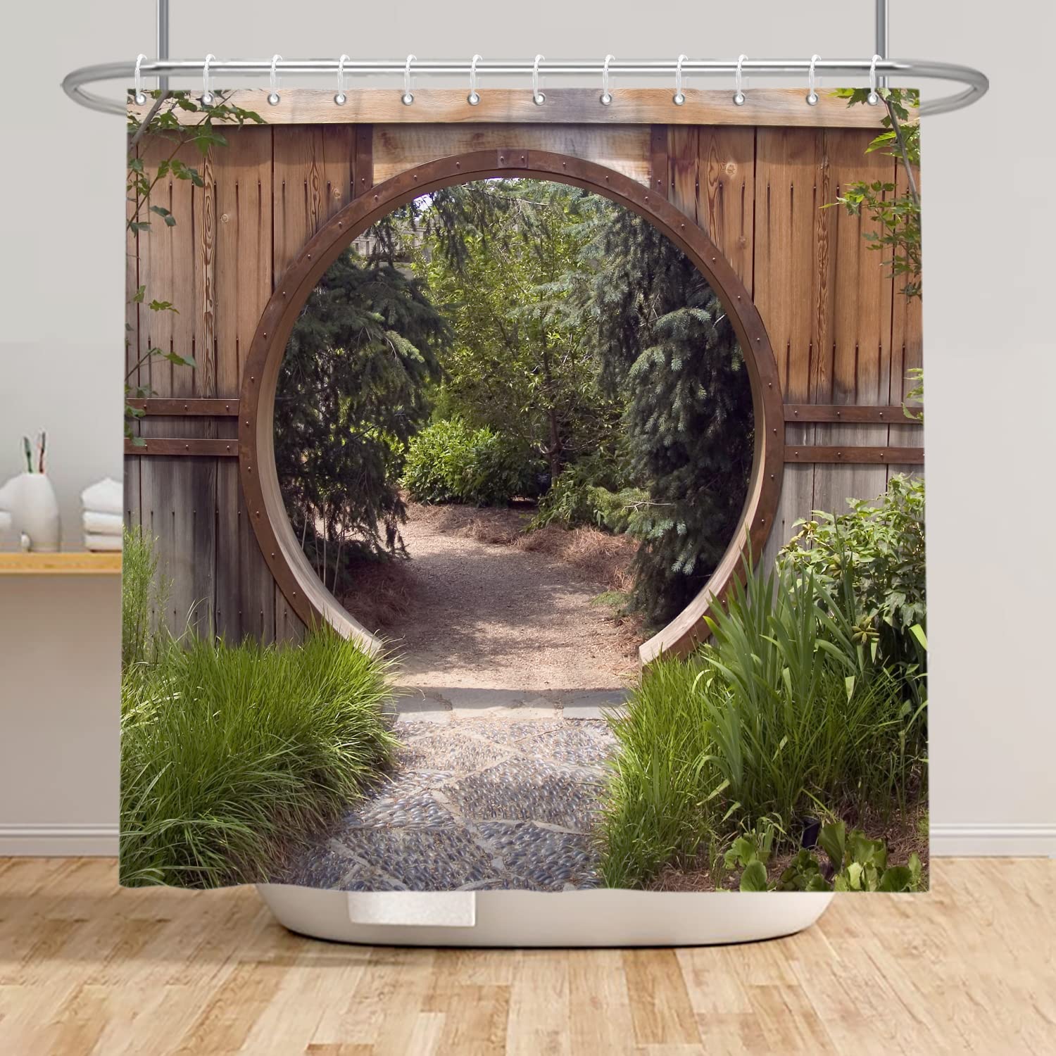 SDOTPMT 72x96inch Nature Garden Scenery Shower Curtain Round Wooden Door Farmhouse Vintage Bath Curtain Green Botany Leaves Bathtub Curtain for Bathroom Decor Fabric Polyester with Hooks