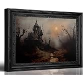 Vintage Framed Gothic Haunted House Canvas Wall Art 12x16 in | Spooky Haunted Mansion Picture Wall Decor Dark Academia Halloween Forest Print Artwork for Living Room Bedroom Home Decor