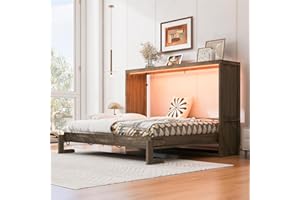 Siemd Queen Size Bed Frame with LED Light, Foldable Murphy Bed with Storage Shelf, Hidden Wall Bed Cabinet, No Box Spring Nee