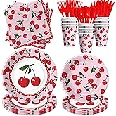 Suhelkit Cherry Birthday Decorations Tableware - Disposable Cherry Party Supplies, Plate, Napkin, Cup, Cutlery, Fruit Cherry Theme Birthday Baby Shower Table Decorations Fit 24 Guests