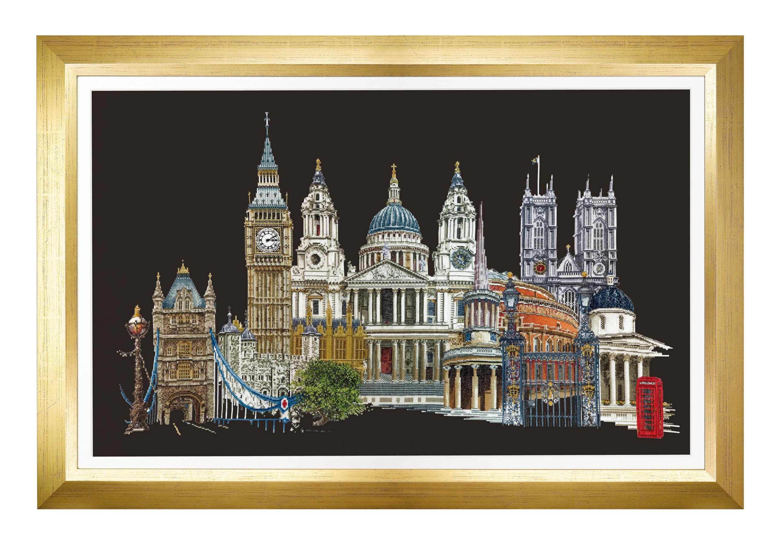 Thea Gouverneur - Counted Cross Stitch Kit - London - Aida Black - 18 Count - Embroidery Kit for Adults - DMC Embroidery Threads and Other Cross Stitch Supplies Included - 470.05