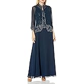 J Kara Women's Beaded Long Jacket Dress -Navy/Luster Grey, 16