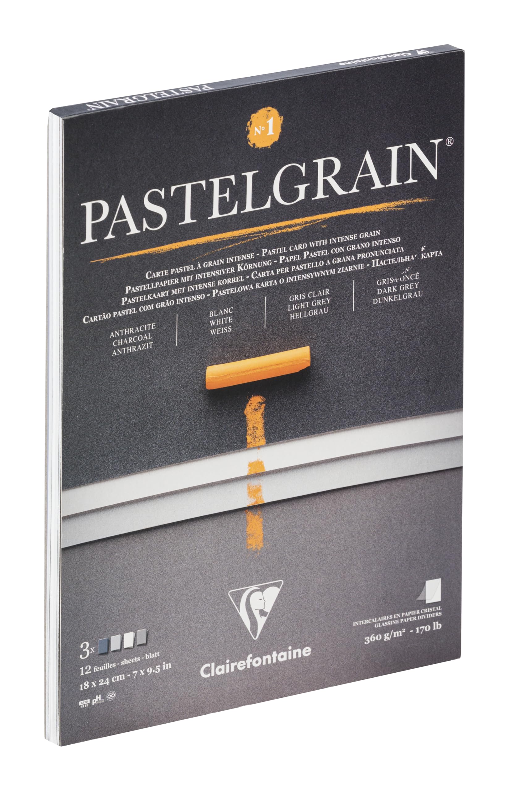 Clairefontaine 976057C PastelGrain Glued Pad No. 1-12 Sheets Special Paper for Dry Pastels - 18x24 cm 360g - Assorted Grey Shades - Crystal Paper Dividers